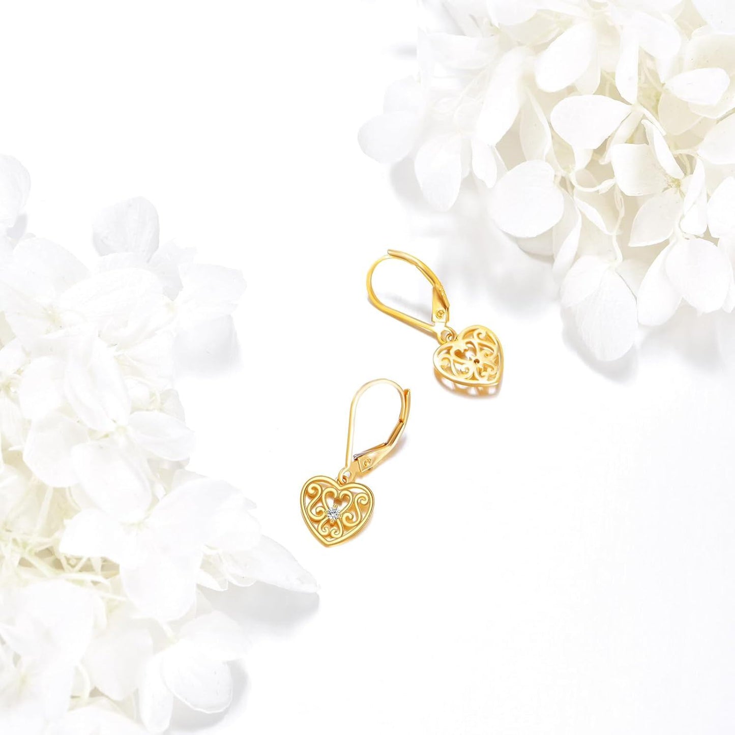 14K Gold Filigree Heart Shape Dangle Drop Leverback Earrings