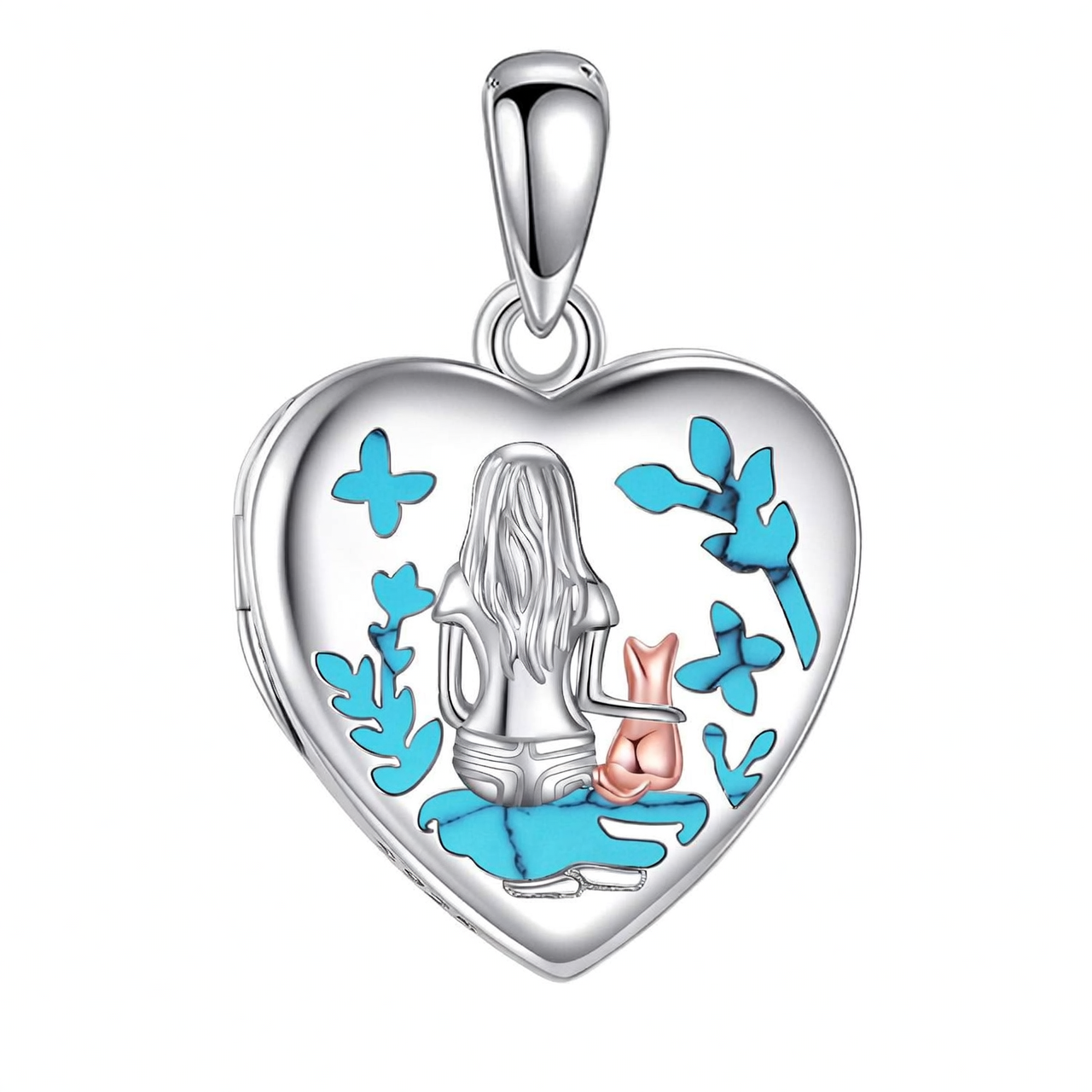 925 Silver Heart Locket Necklace Mermaid Turquoise Women