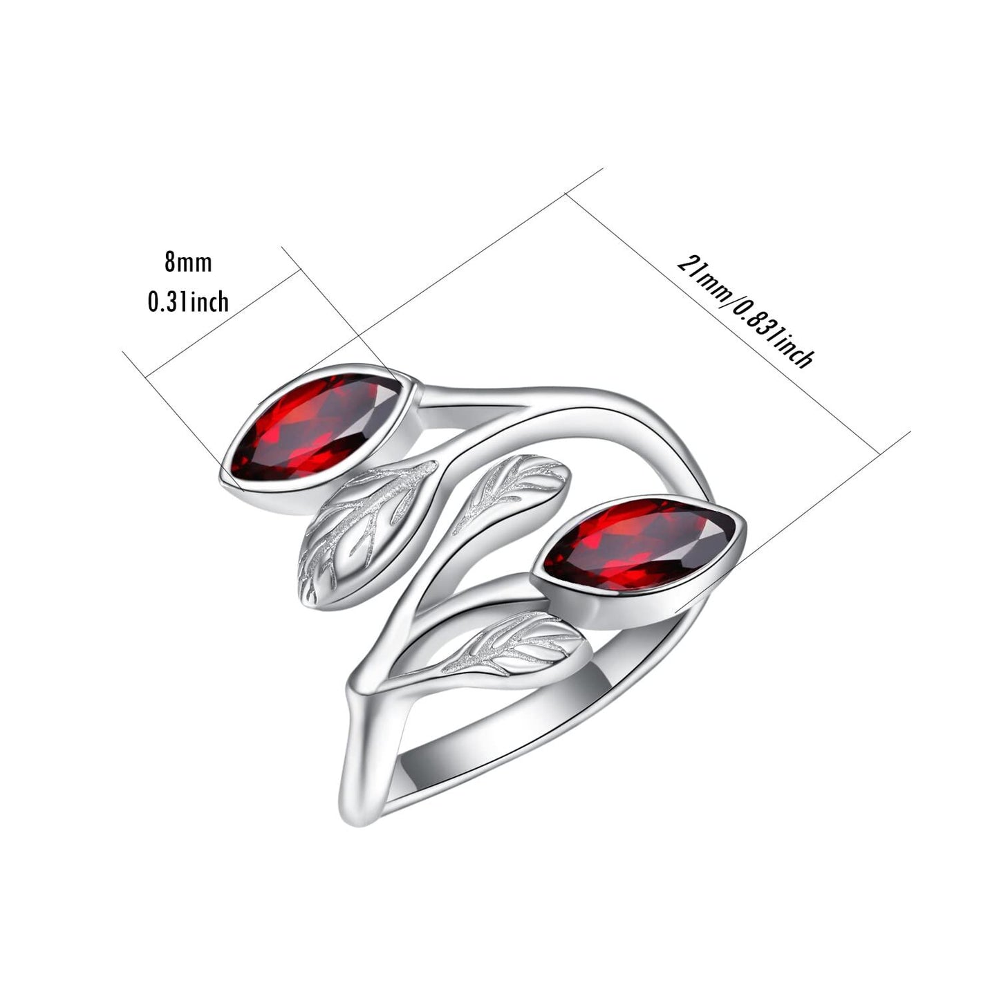 925 Sterling Silver Leaf Ring with Birthstone Adjustable Wrap Promise Engagement Wedding Rings for Women