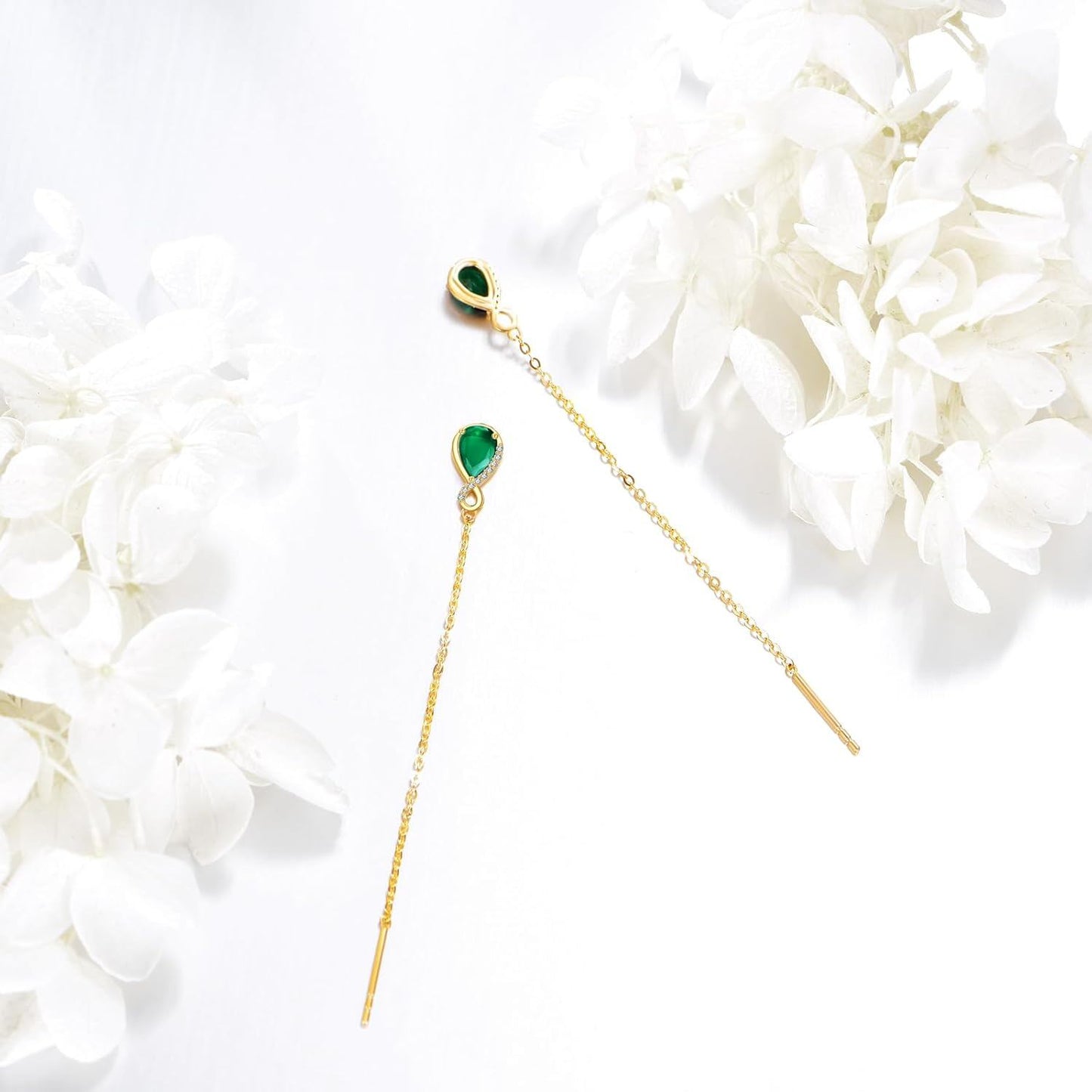 14K Gold Infinity Teardrop Emerald Threader Earrings Women