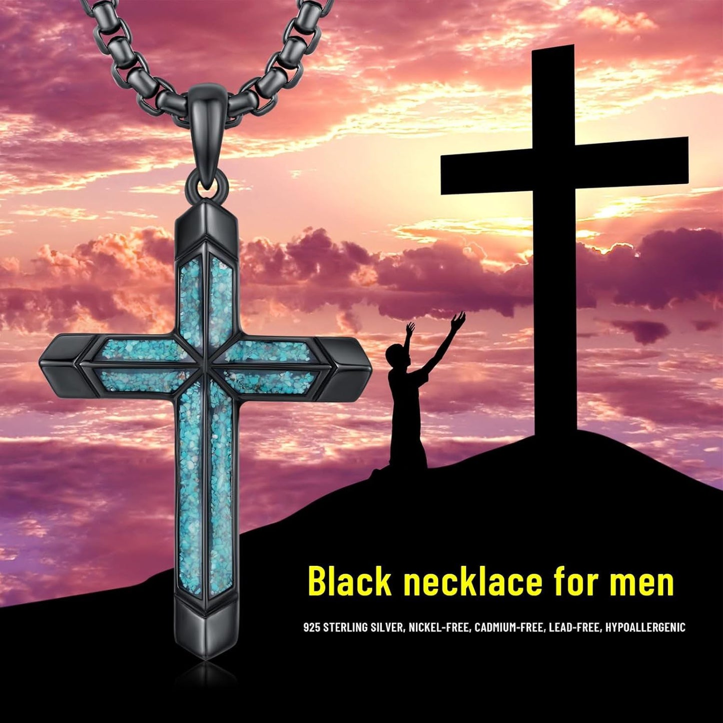 925 Silver Black Plated Turquoise Cross Pendant Necklace Men