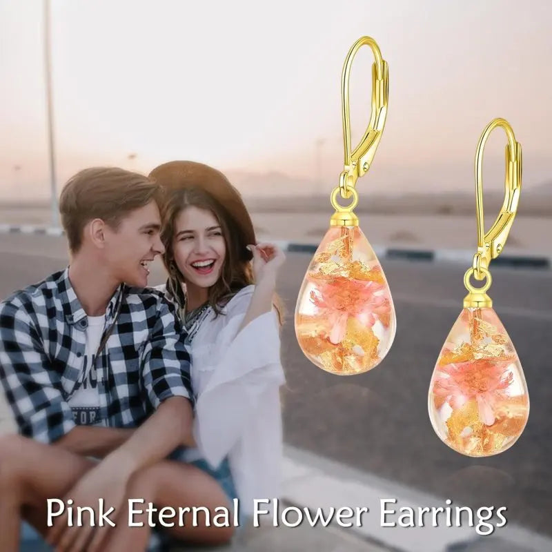 925 Sterling Silver Pink Pressed Flowers Gold Leaf Drop Leverback Earrings