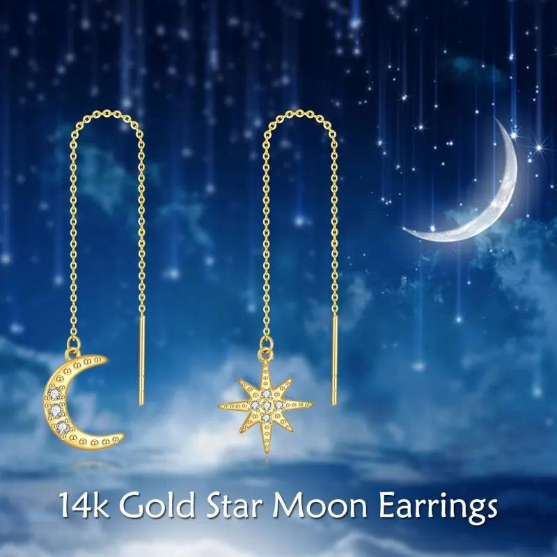 14K Gold Moon & Star Threader Drop Earrings with Crystal Accents - 2 Pairs