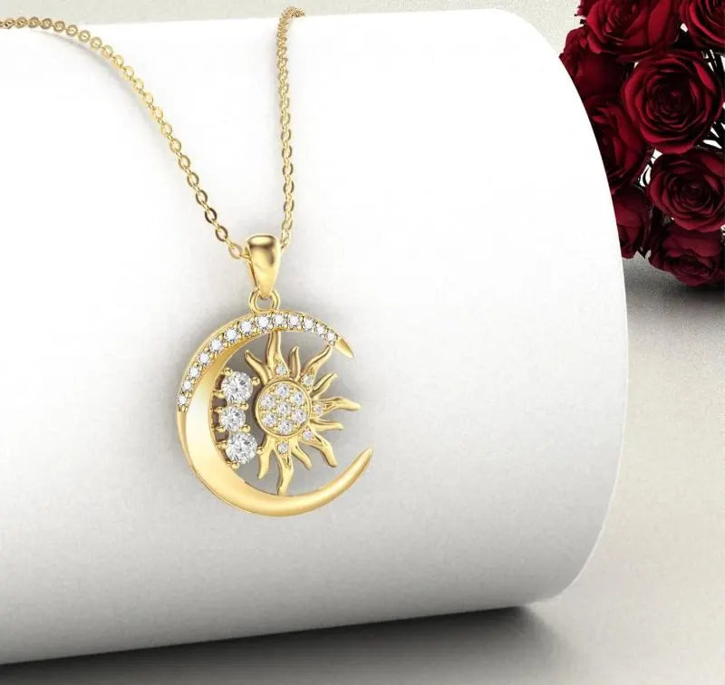 14K Yellow Gold Moon Sun Pendant Necklace for Women Jewelry Gifts