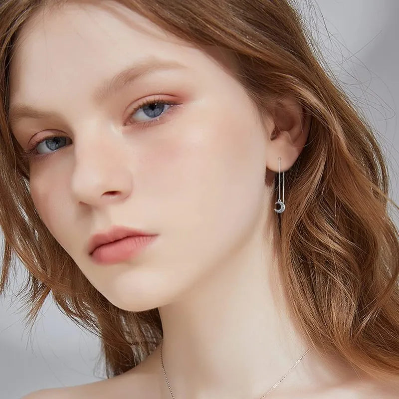 925 Sterling Silver Moon & Sun Threader Earrings for Women Long Chain Hypoallergenic Dangle Earrings with Tassel Design