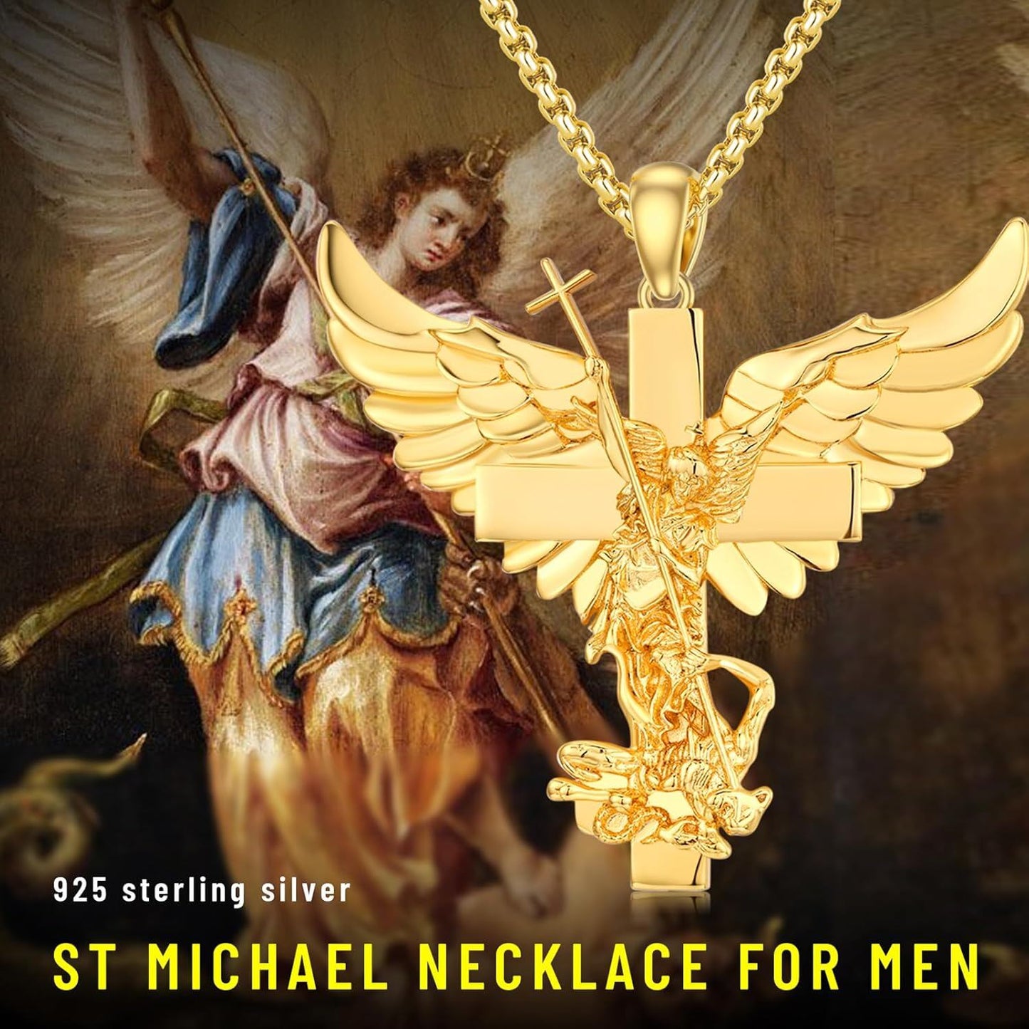 Gold 925 Silver Guardian Angel Cross Pendant Necklace