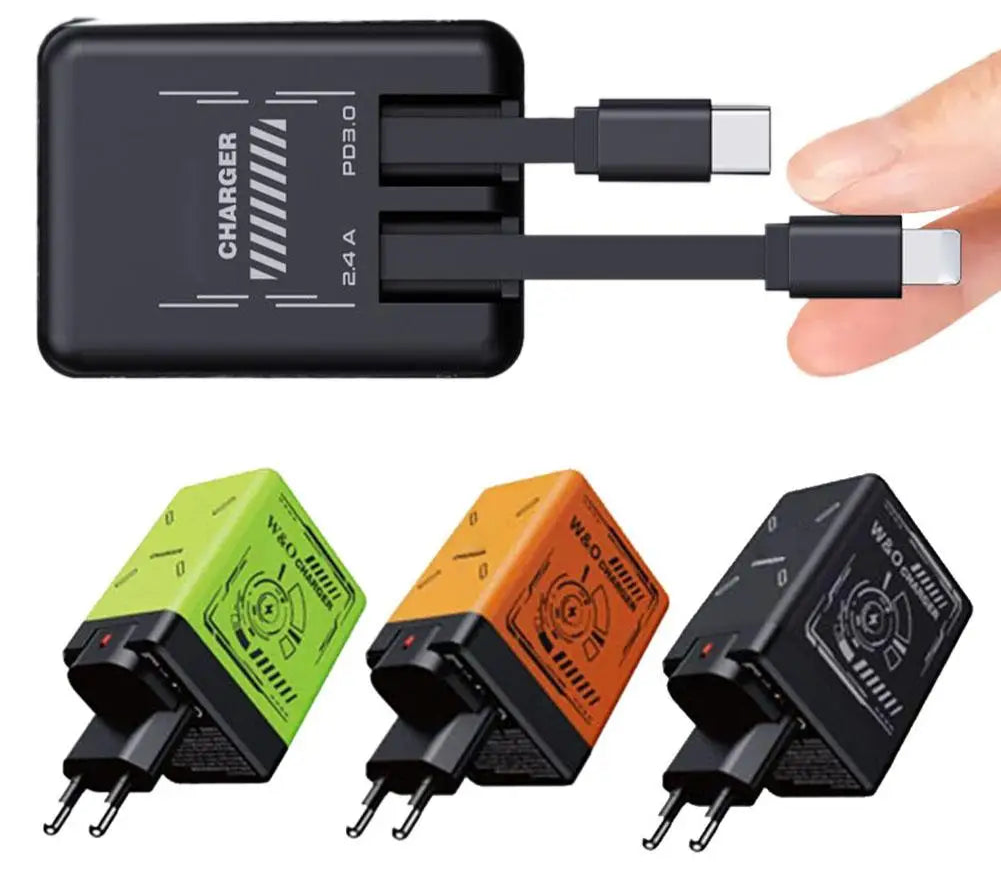 20W GaN Retractable Fast Charger – Dual PD + USB