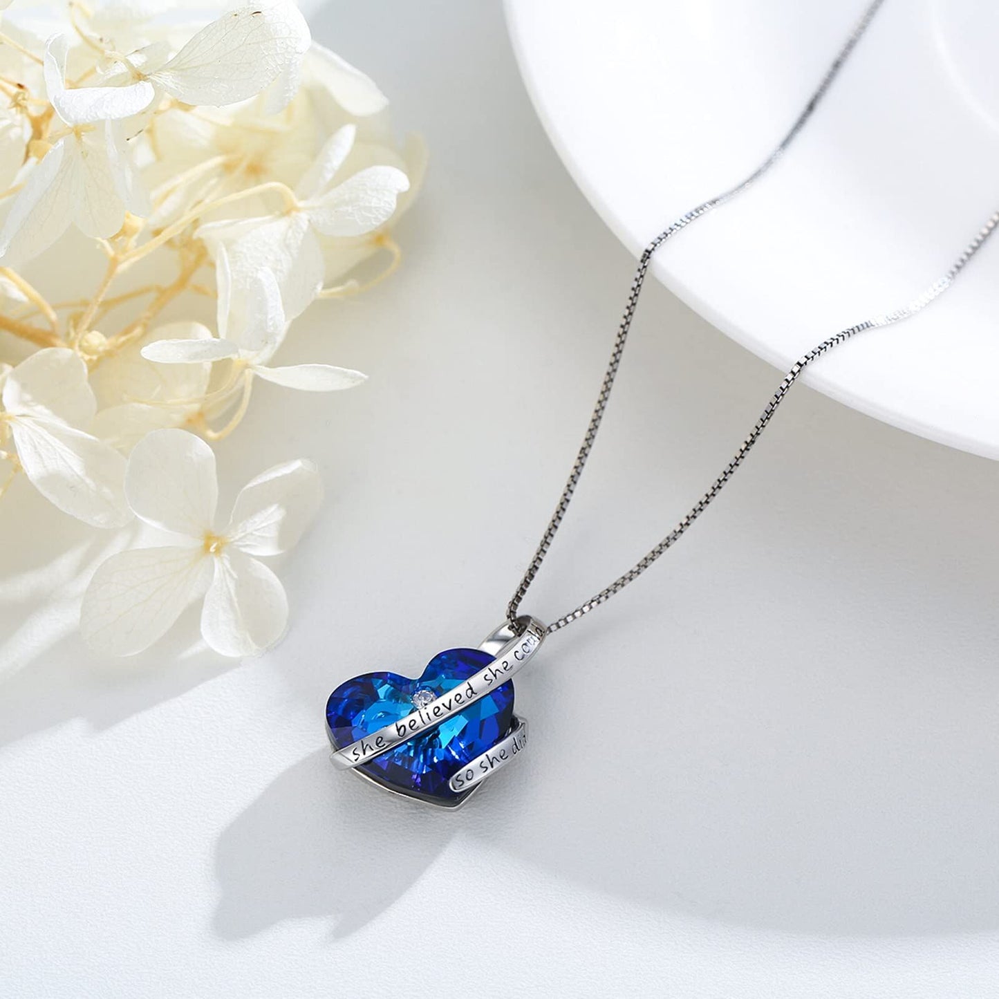 925 Silver Blue Crystal Heart Pendant She Believed Quote