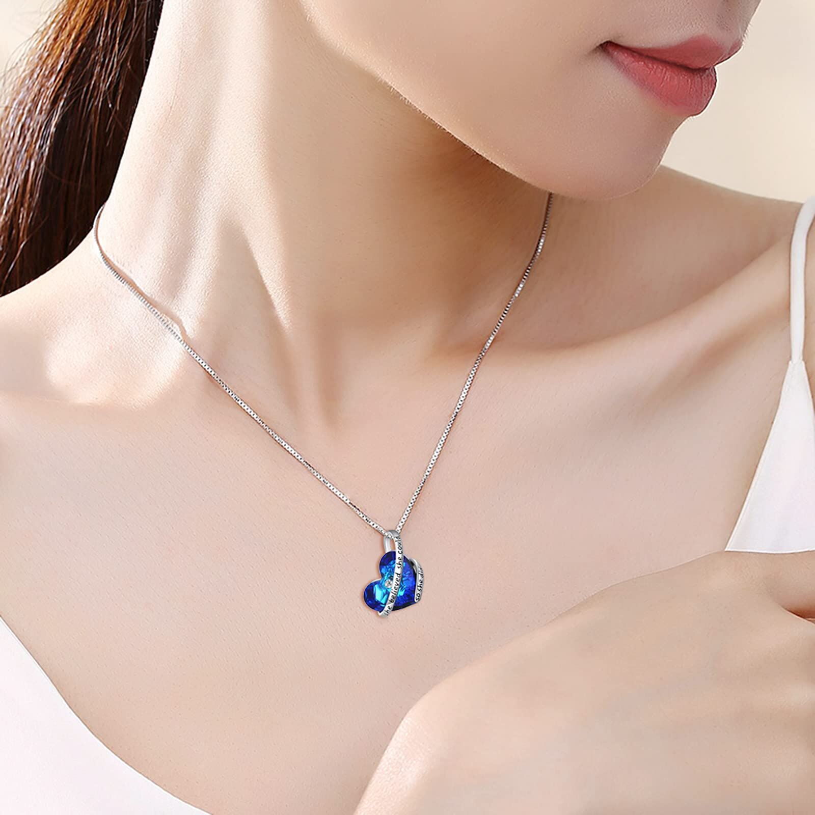925 Silver Blue Crystal Heart Pendant She Believed Quote