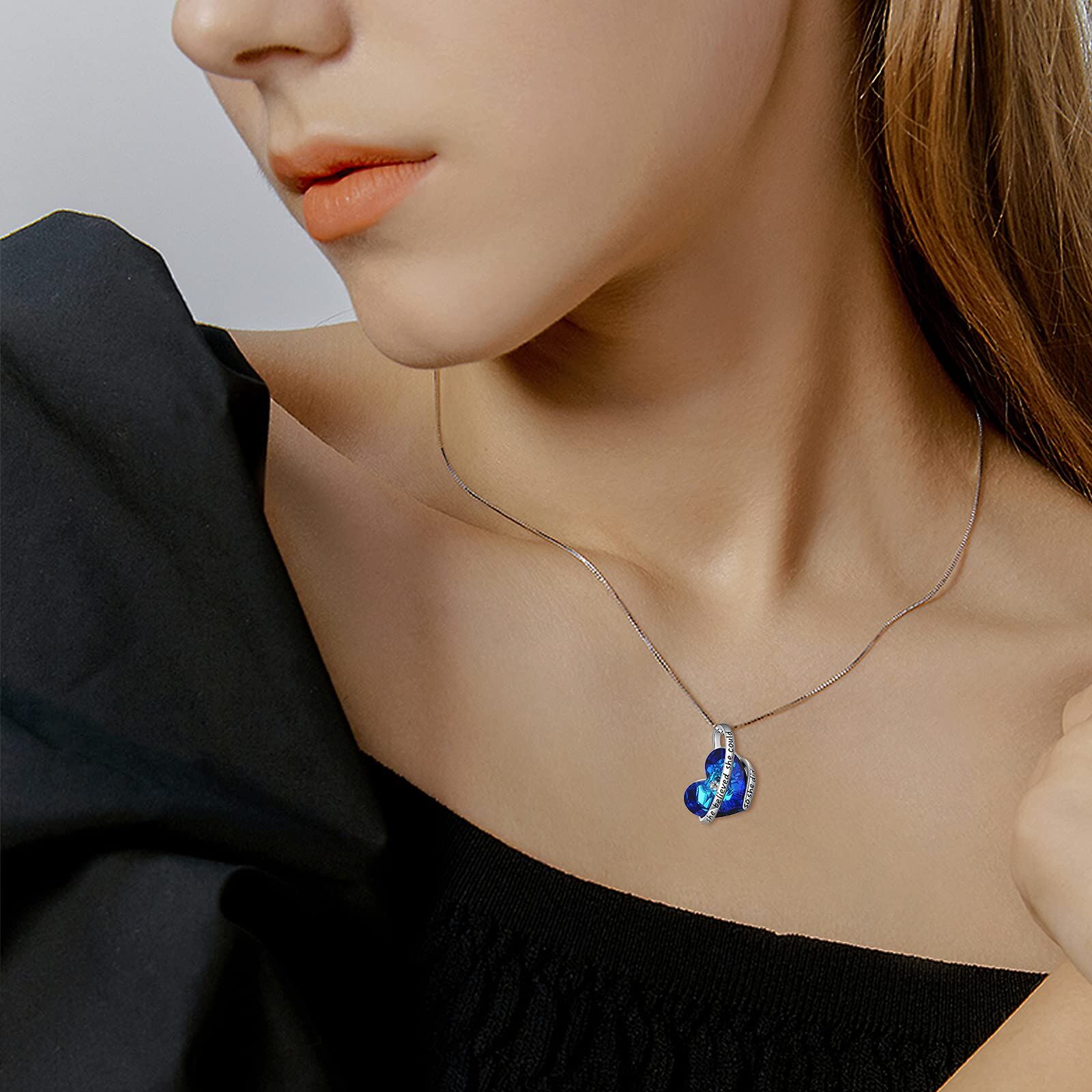 925 Silver Blue Crystal Heart Pendant She Believed Quote