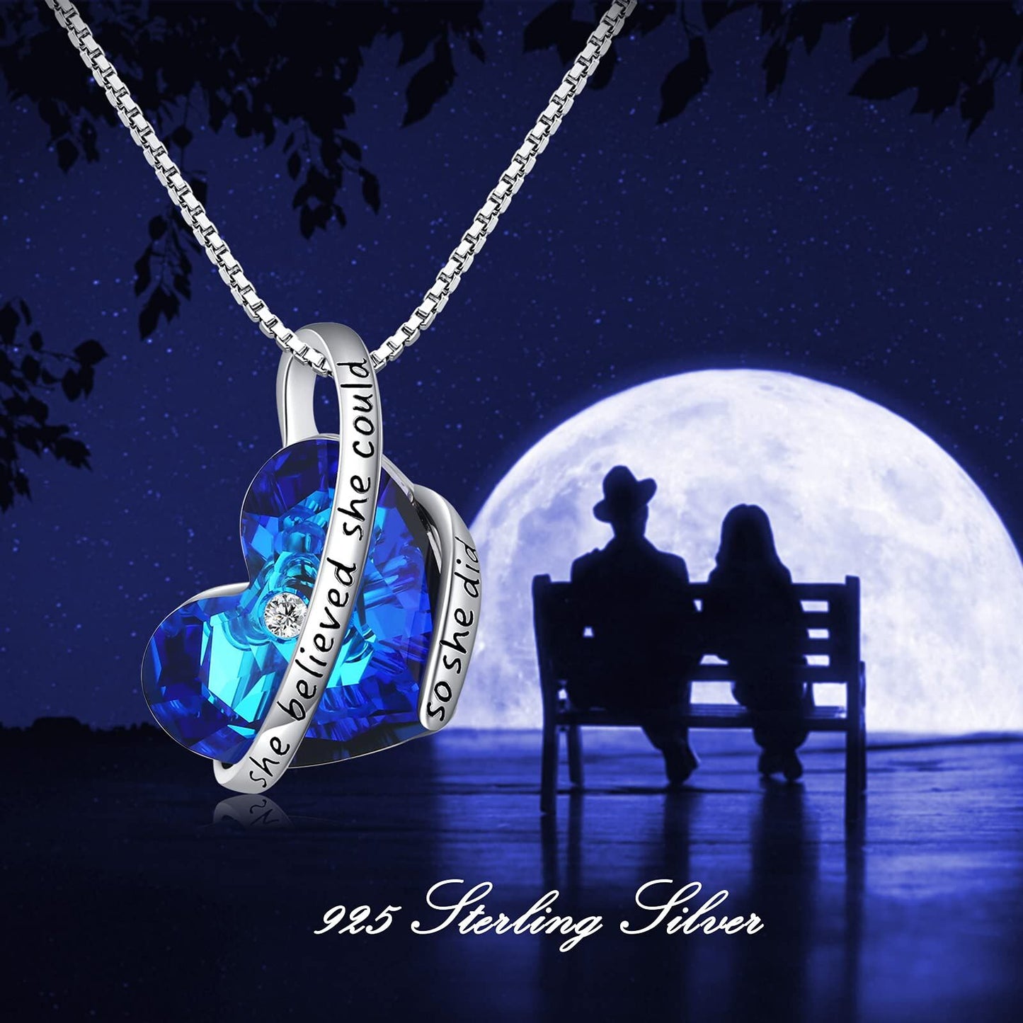 925 Silver Blue Crystal Heart Pendant She Believed Quote