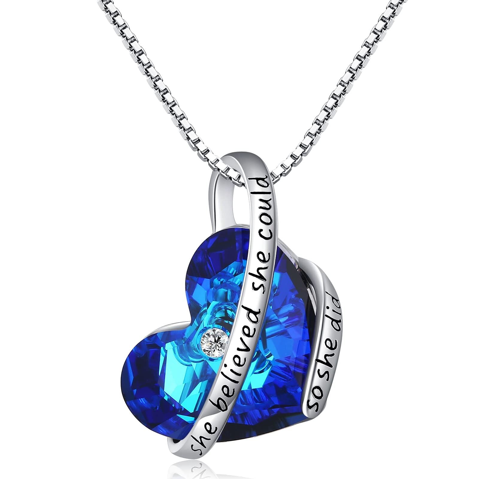 925 Silver Blue Crystal Heart Pendant She Believed Quote