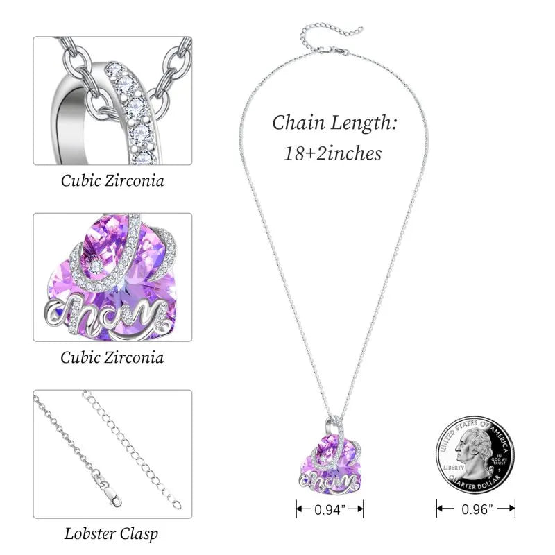 925 Sterling Silver Purple Crystal Heart Name Pendant Necklace for Women Mothers Day Gifts