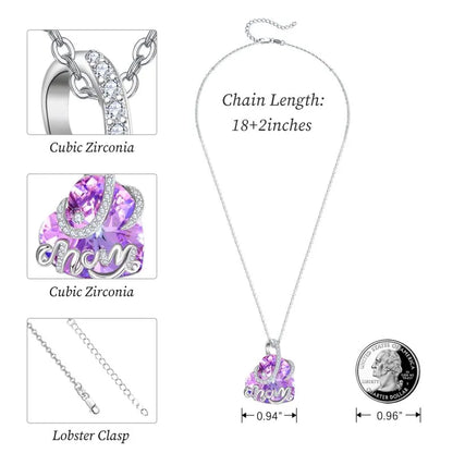 925 Sterling Silver Purple Crystal Heart Name Pendant Necklace for Women Mothers Day Gifts