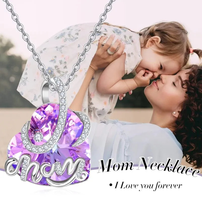 925 Sterling Silver Purple Crystal Heart Name Pendant Necklace for Women Mothers Day Gifts
