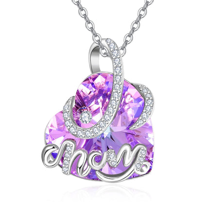 925 Sterling Silver Purple Crystal Heart Name Pendant Necklace for Women Mothers Day Gifts