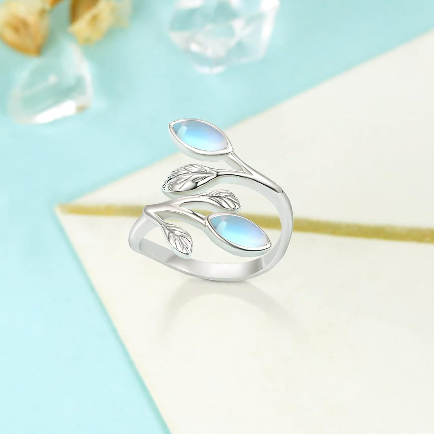 925 Sterling Silver Leaf Ring with Birthstone Adjustable Wrap Promise Engagement Wedding Rings for Women