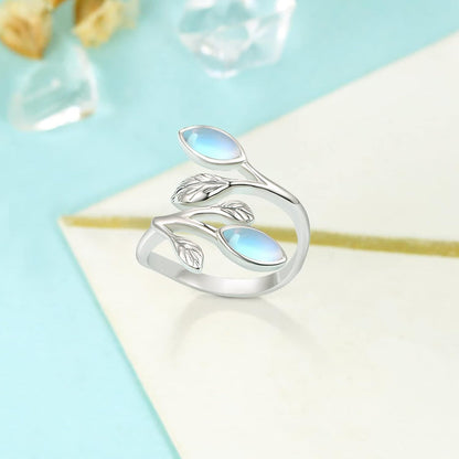 925 Sterling Silver Leaf Ring with Birthstone Adjustable Wrap Promise Engagement Wedding Rings for Women