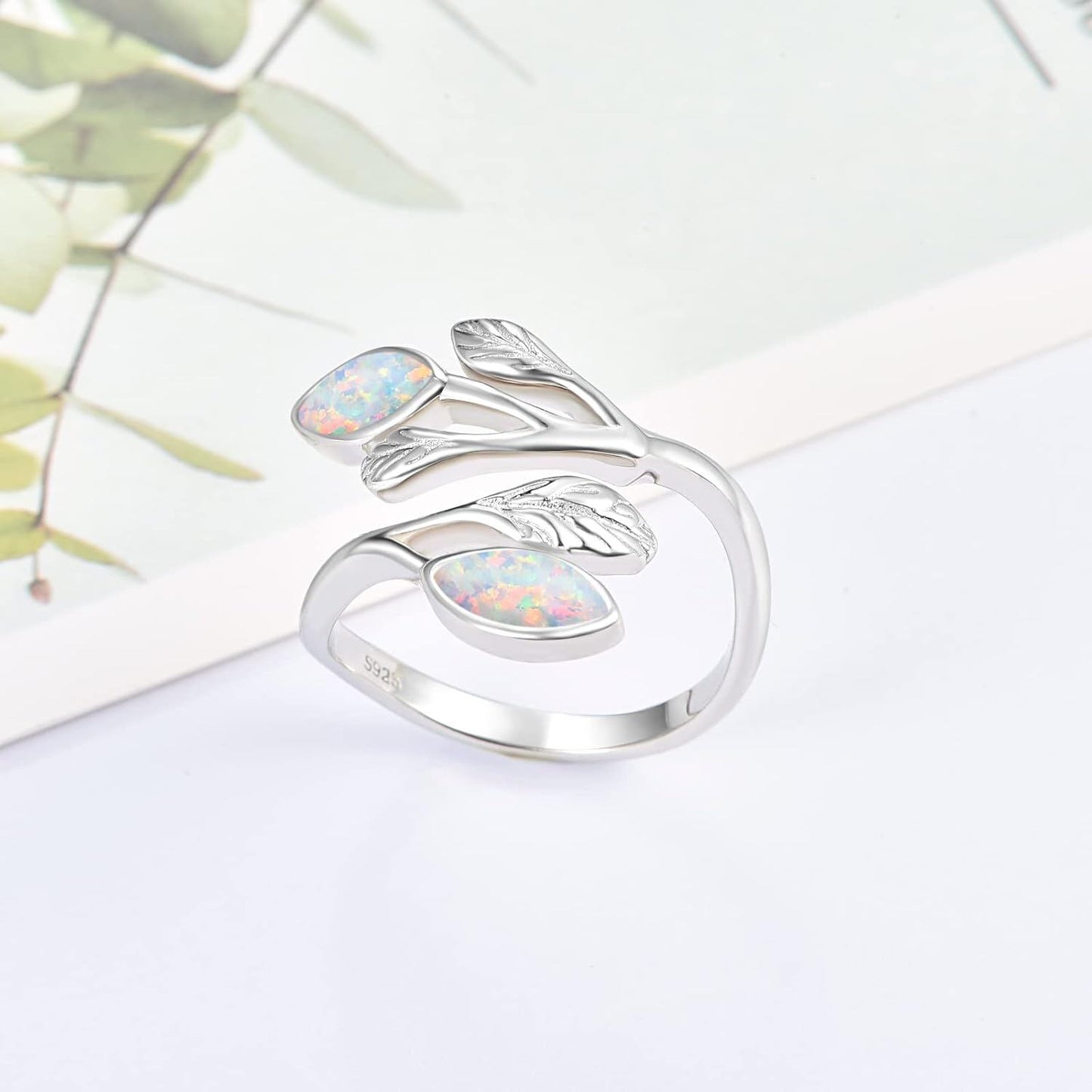 925 Sterling Silver Leaf Ring with Birthstone Adjustable Wrap Promise Engagement Wedding Rings for Women