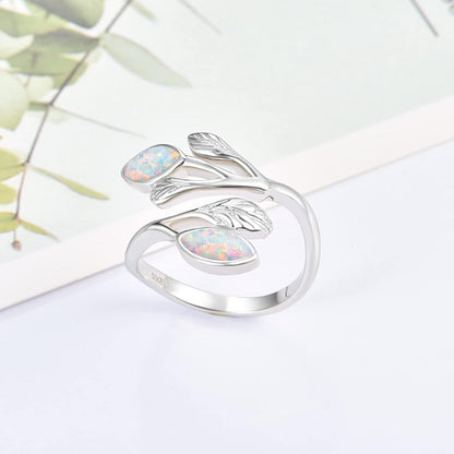 925 Sterling Silver Leaf Ring with Birthstone Adjustable Wrap Promise Engagement Wedding Rings for Women
