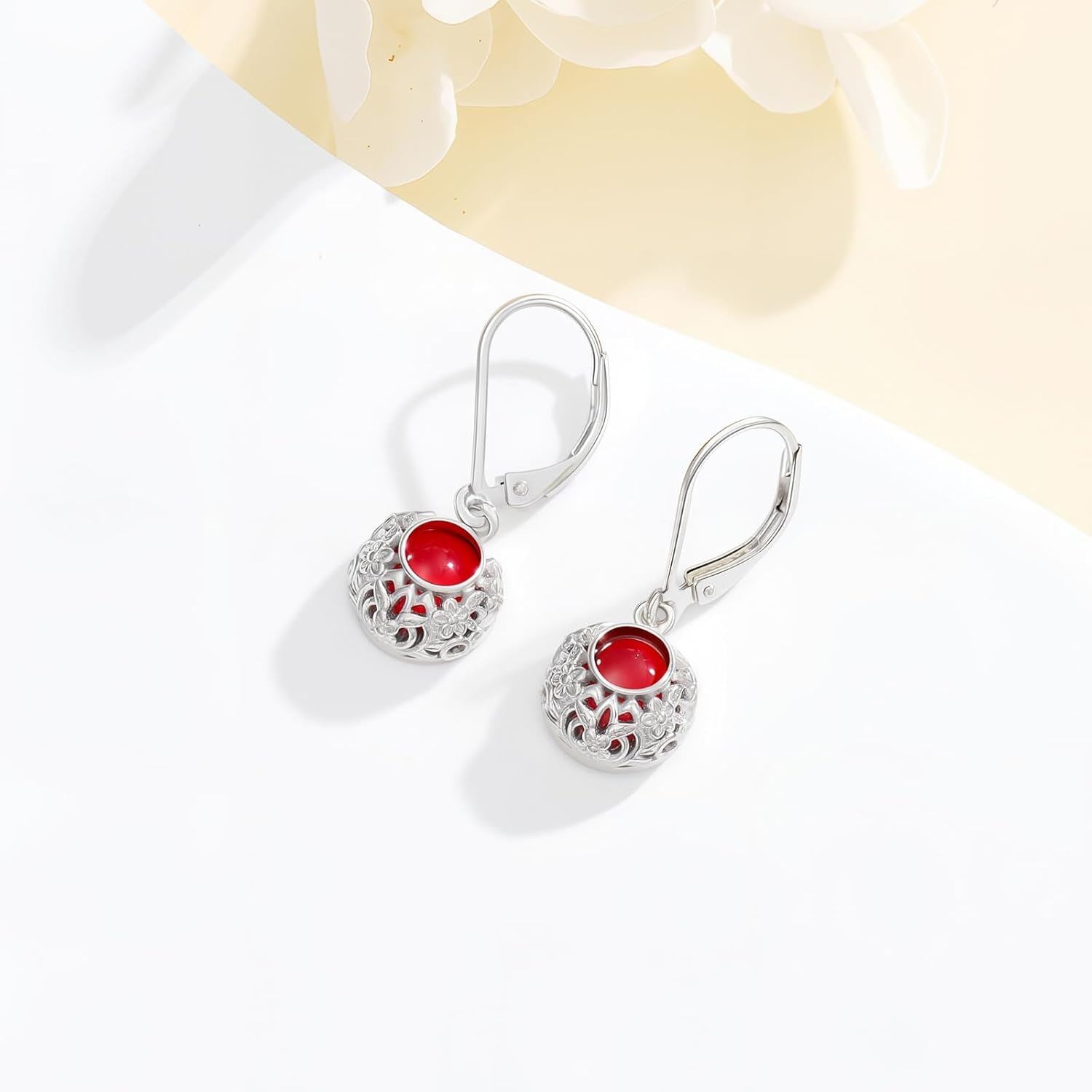18K Gold Plated Silver Red Gemstone Filigree Dangle Earrings
