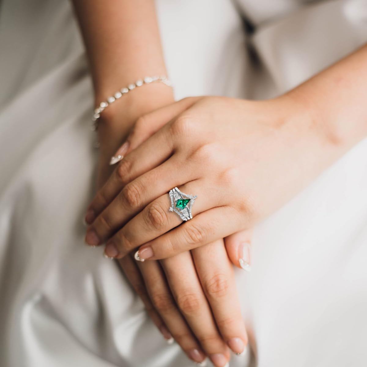 925 Sterling Silver Moissanite Kite Cut Engagement Ring Set