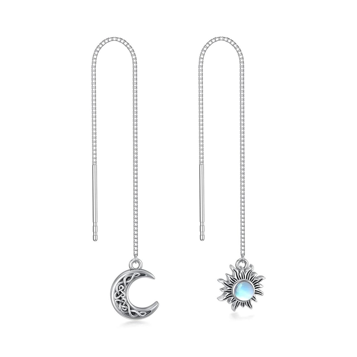 925 Sterling Silver Moon & Sun Threader Earrings for Women Long Chain Hypoallergenic Dangle Earrings with Tassel Design