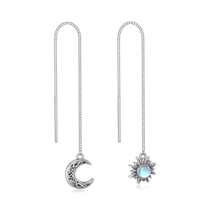925 Sterling Silver Moon & Sun Threader Earrings for Women Long Chain Hypoallergenic Dangle Earrings with Tassel Design