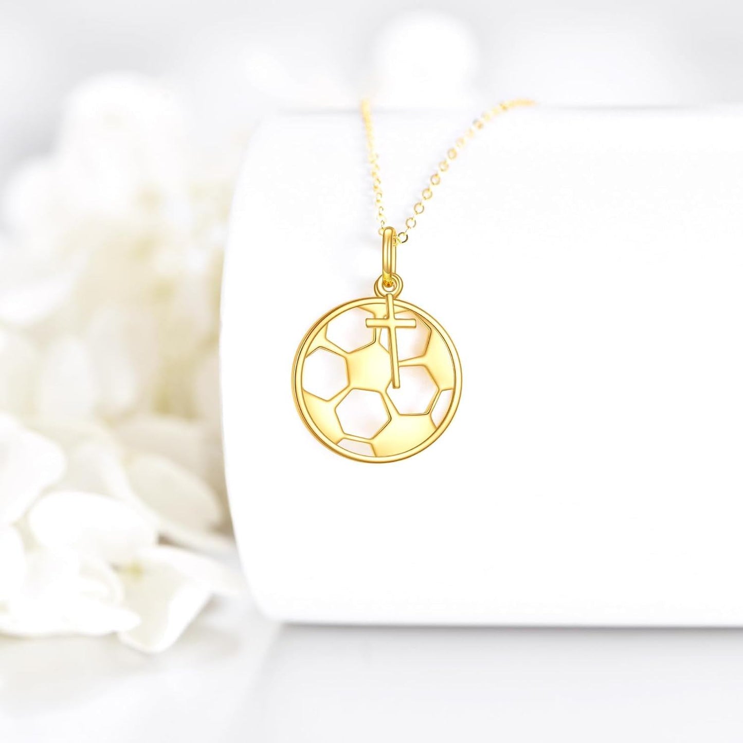 14K Gold Soccer Ball Cross Pendant Necklace Women Men