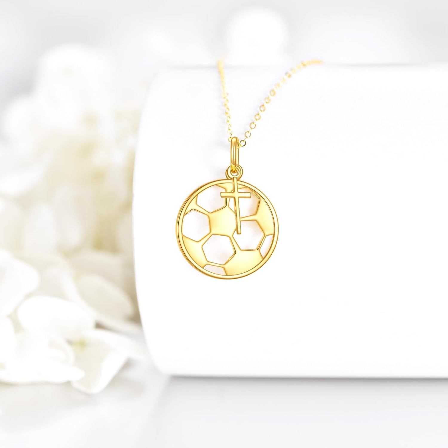 14K Gold Soccer Ball Cross Pendant Necklace Women Men
