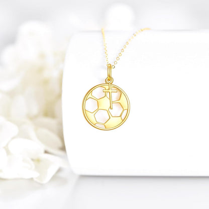 14K Gold Soccer Ball Cross Pendant Necklace Women Men