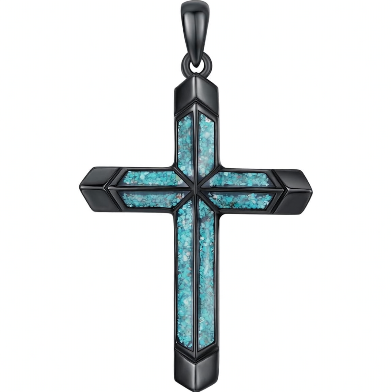 925 Silver Black Plated Turquoise Cross Pendant Necklace Men