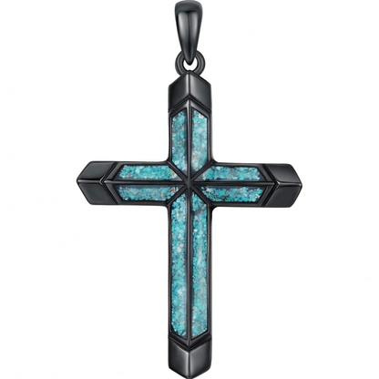 925 Silver Black Plated Turquoise Cross Pendant Necklace Men