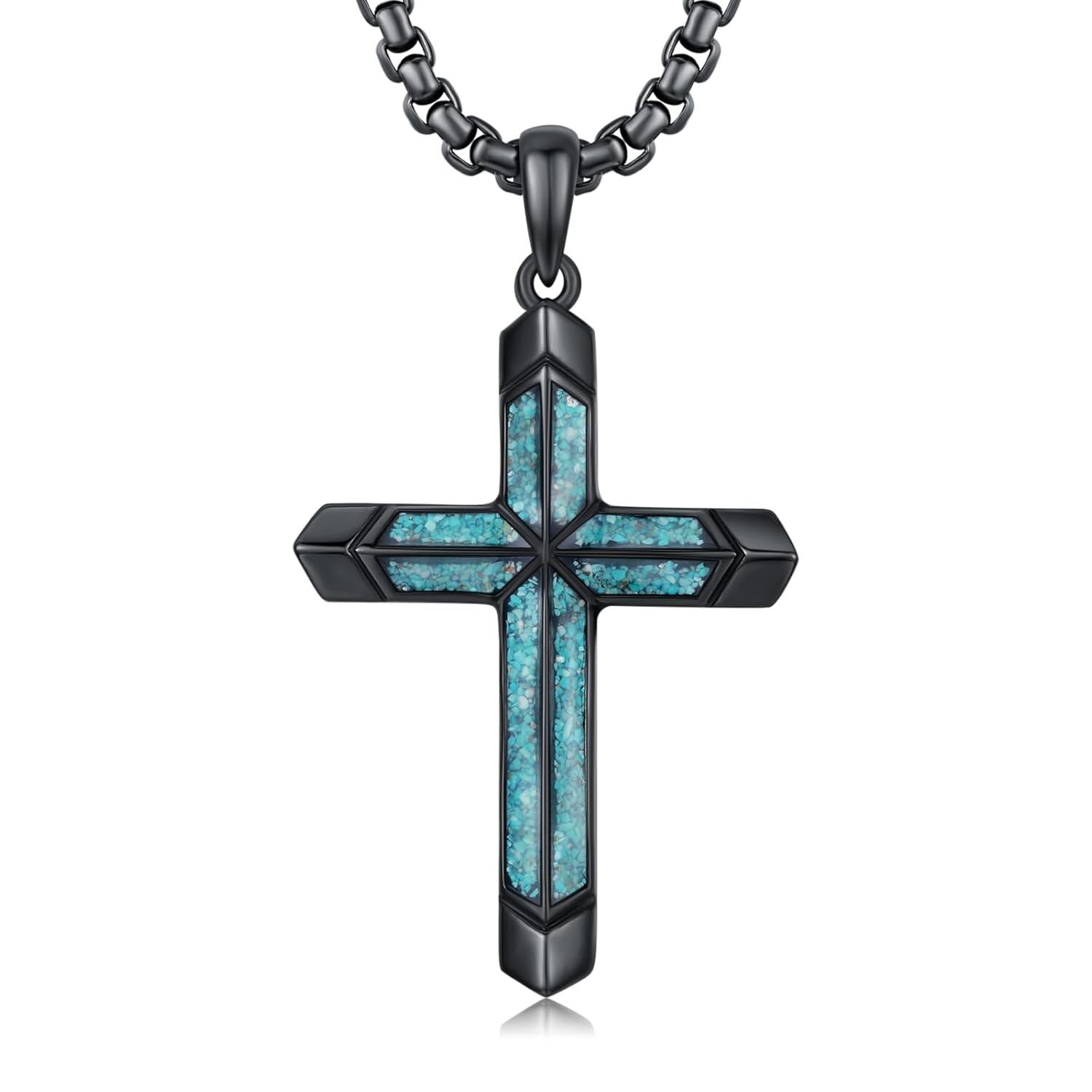 925 Silver Black Plated Turquoise Cross Pendant Necklace Men