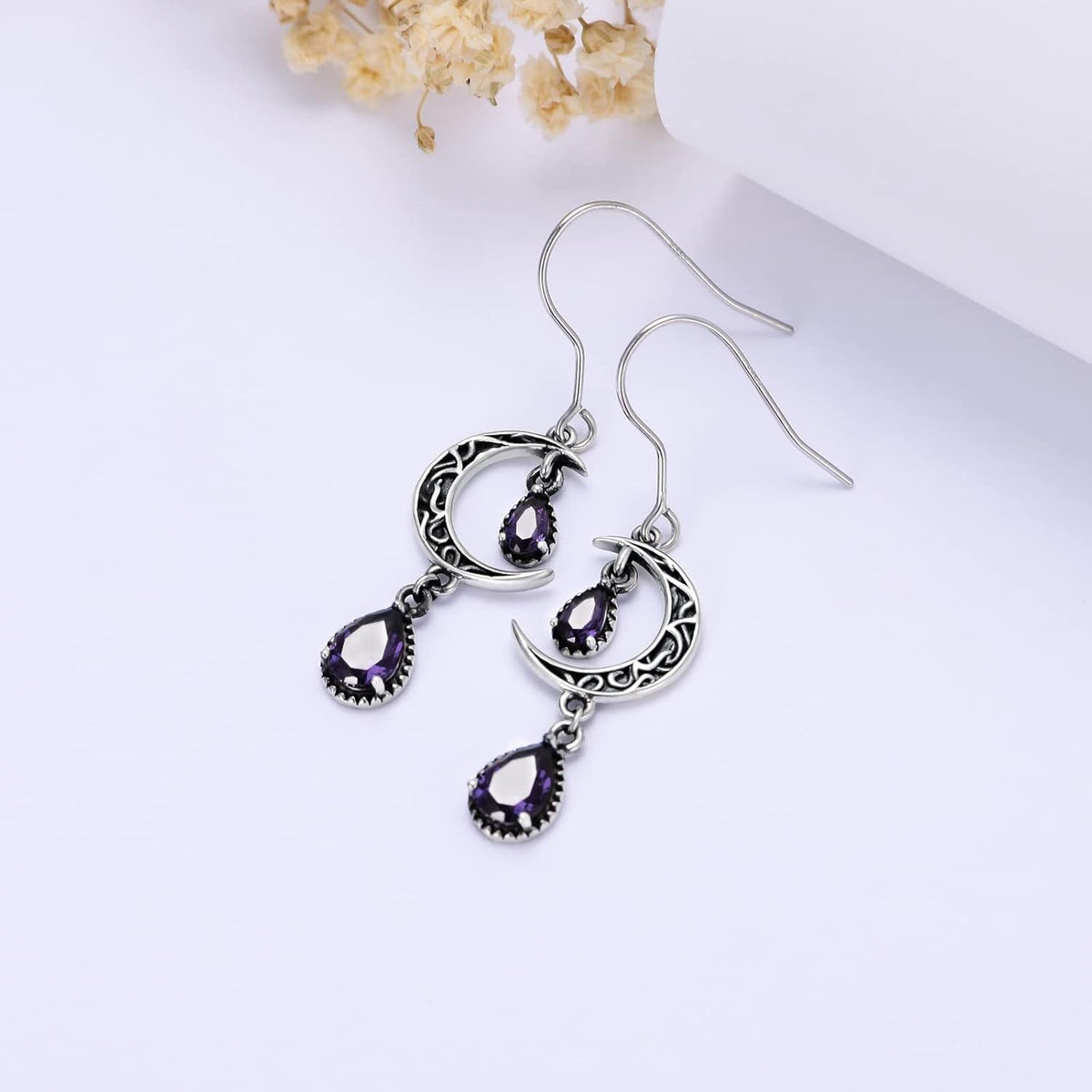 925 Sterling Silver Crescent Moon Purple Zircon Drop Earrings