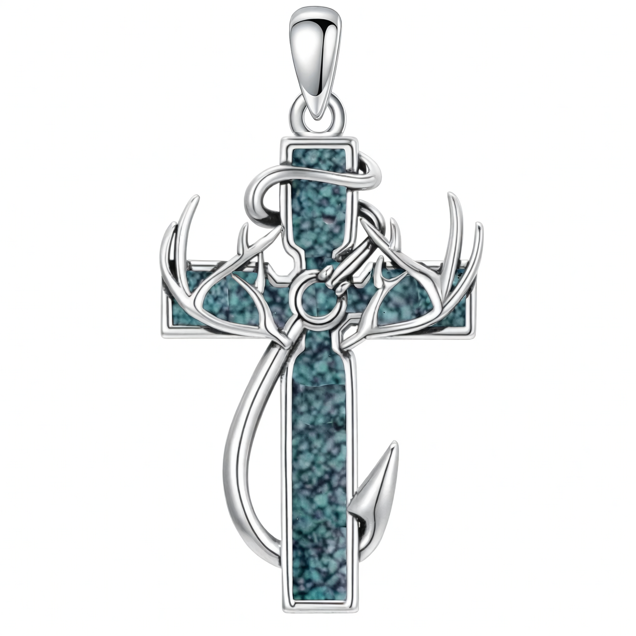 925 Silver Black Enamel Deer Antlers Cross Necklace Men