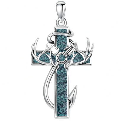 925 Silver Black Enamel Deer Antlers Cross Necklace Men