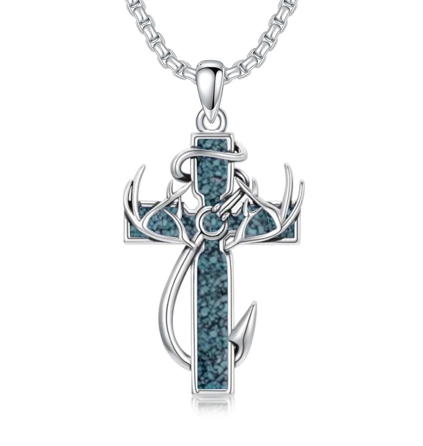 925 Silver Black Enamel Deer Antlers Cross Necklace Men