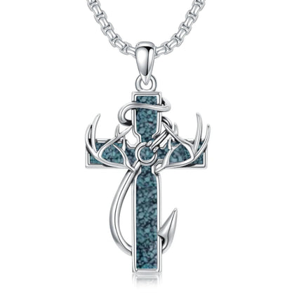 925 Silver Black Enamel Deer Antlers Cross Necklace Men