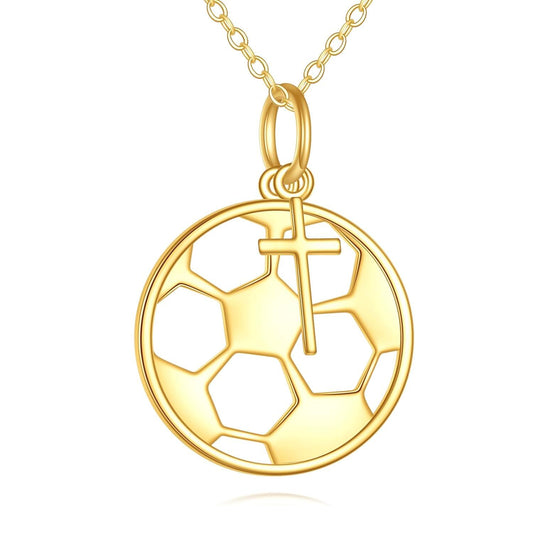 14K Gold Soccer Ball Cross Pendant Necklace Women Men