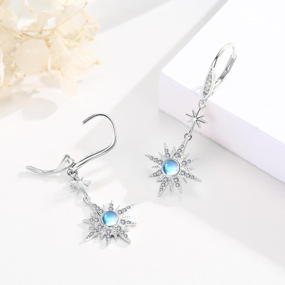 925 Sterling Silver Starburst Birthstone Drop Earrings