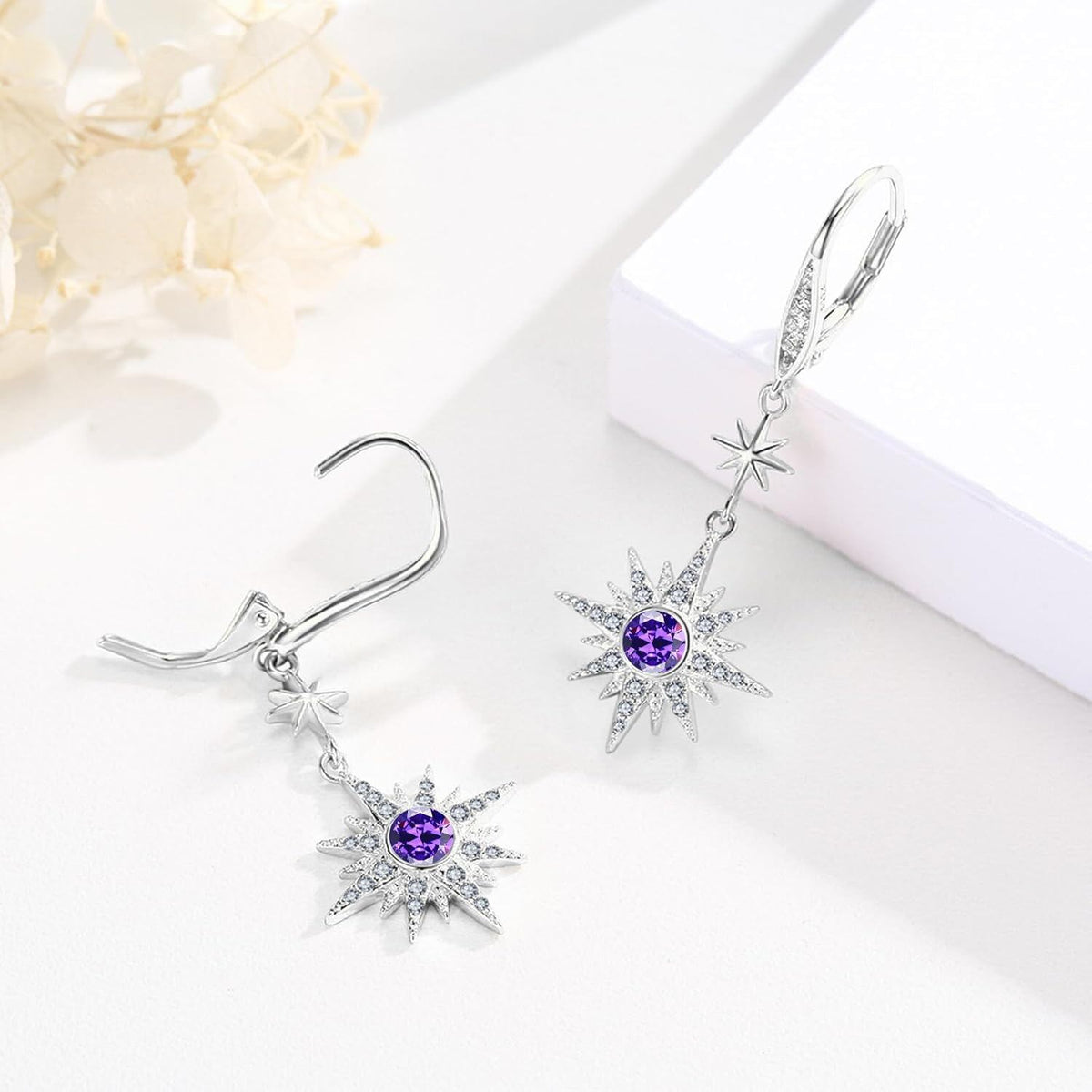 925 Sterling Silver Starburst Birthstone Drop Earrings
