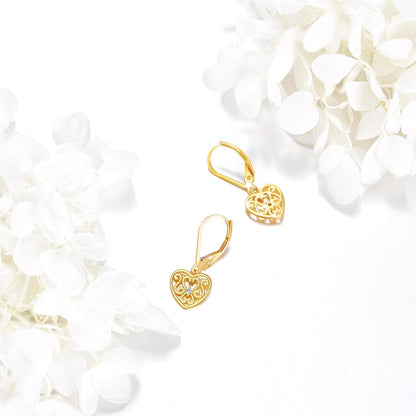 14K Gold Filigree Heart Shape Dangle Drop Leverback Earrings