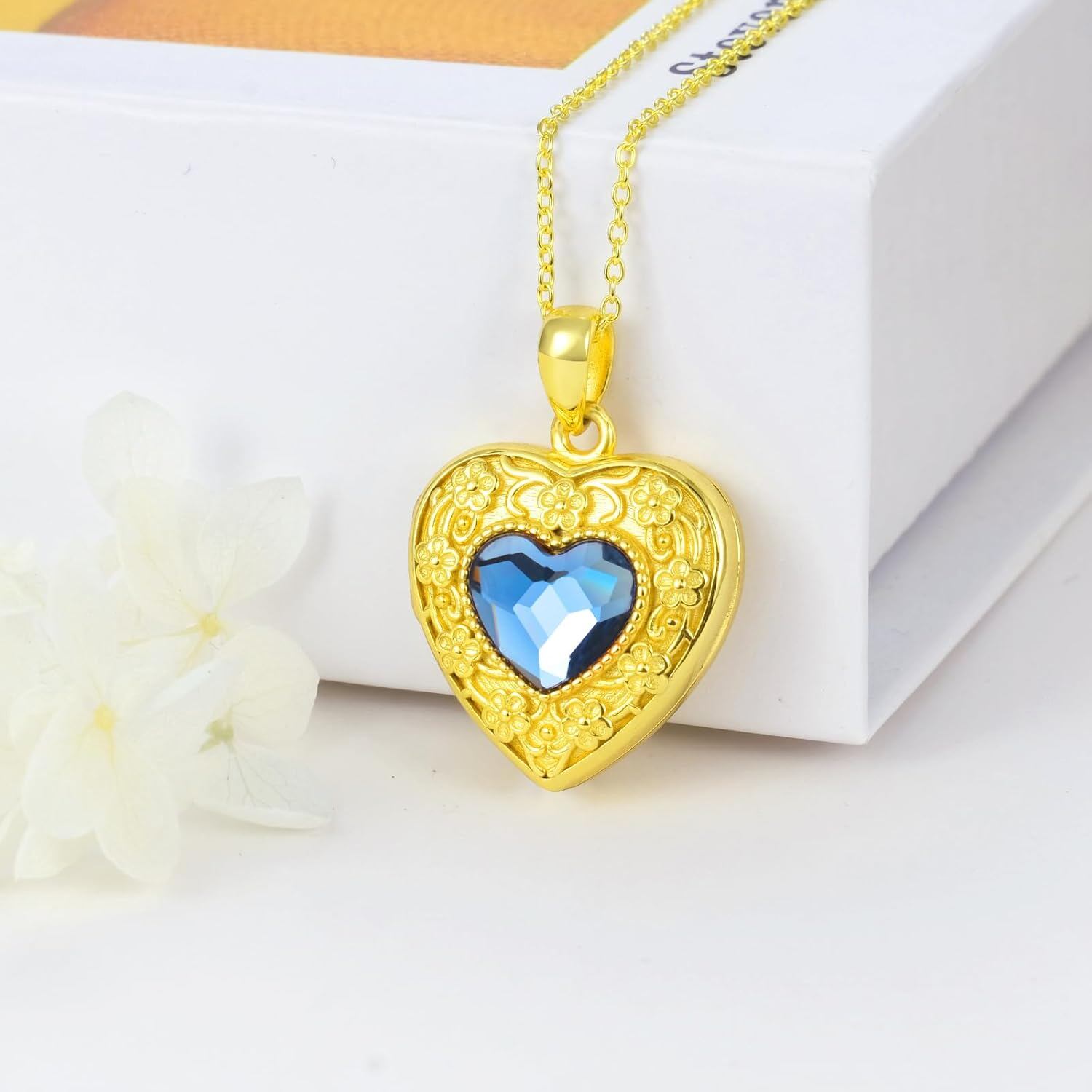 Gold 925 Silver Blue Crystal Heart Photo Locket Necklace