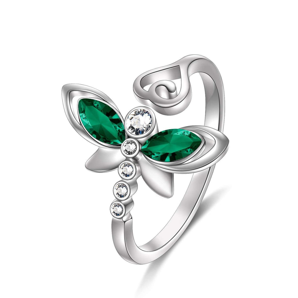 925 Sterling Silver Green Crystal Butterfly Ring