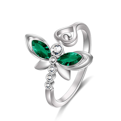 925 Sterling Silver Green Crystal Butterfly Ring