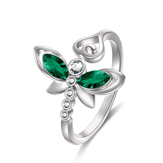 925 Sterling Silver Green Crystal Butterfly Ring