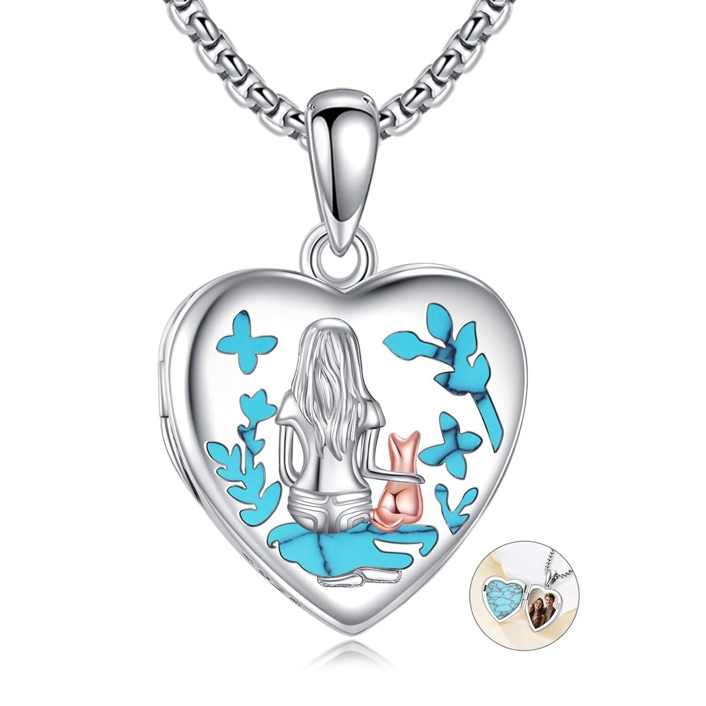 925 Silver Heart Locket Necklace Mermaid Turquoise Women