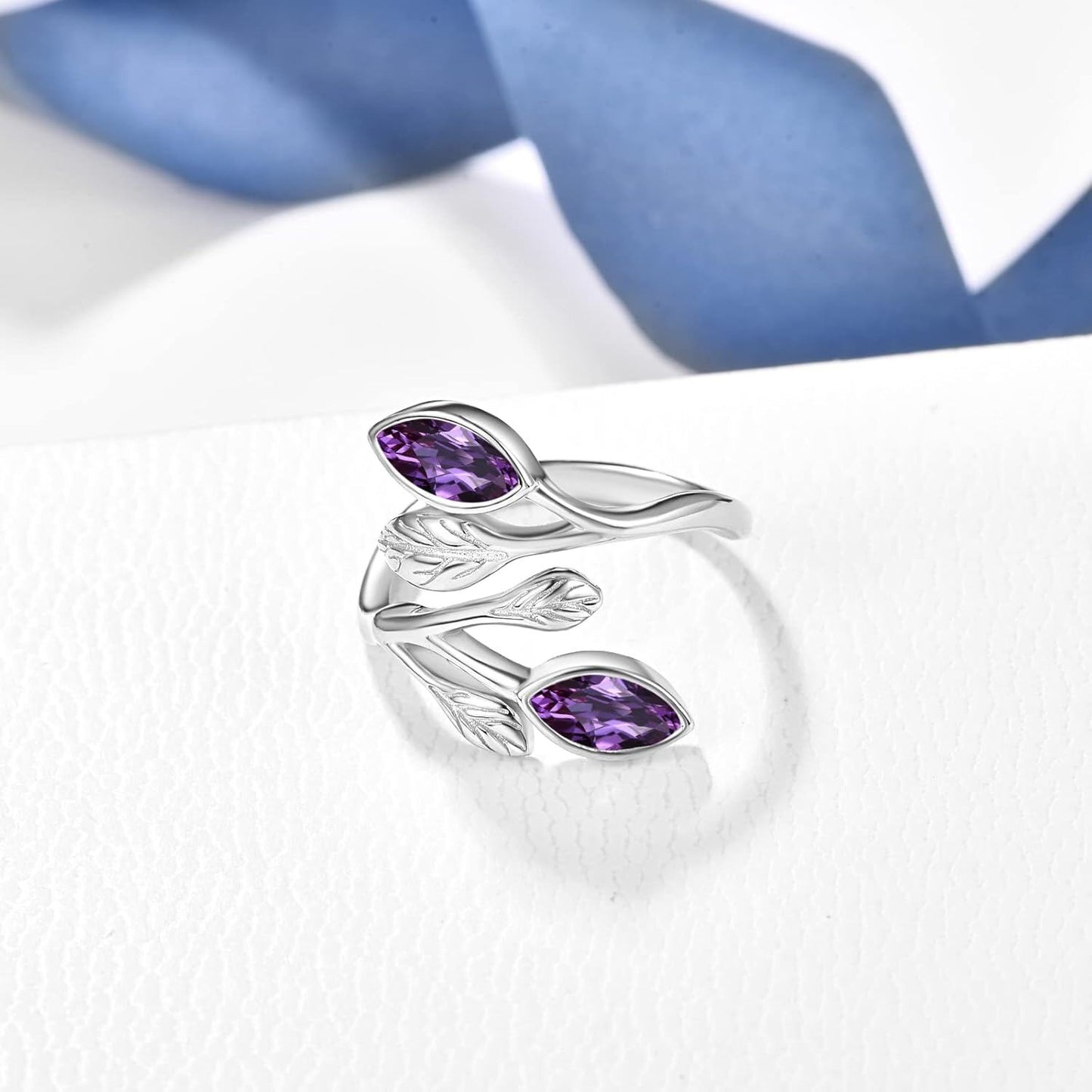 925 Sterling Silver Leaf Ring with Birthstone Adjustable Wrap Promise Engagement Wedding Rings for Women