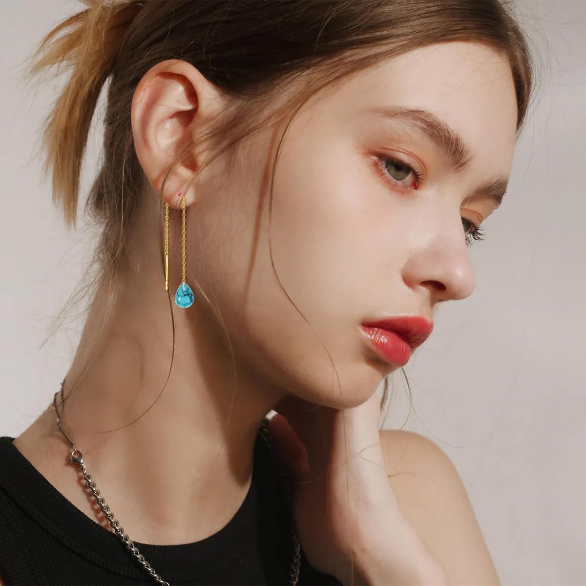 14K Solid Gold Turquoise Threaded Earrings, Hypoallergenic Nickel-Free, Elegant Gift for Her